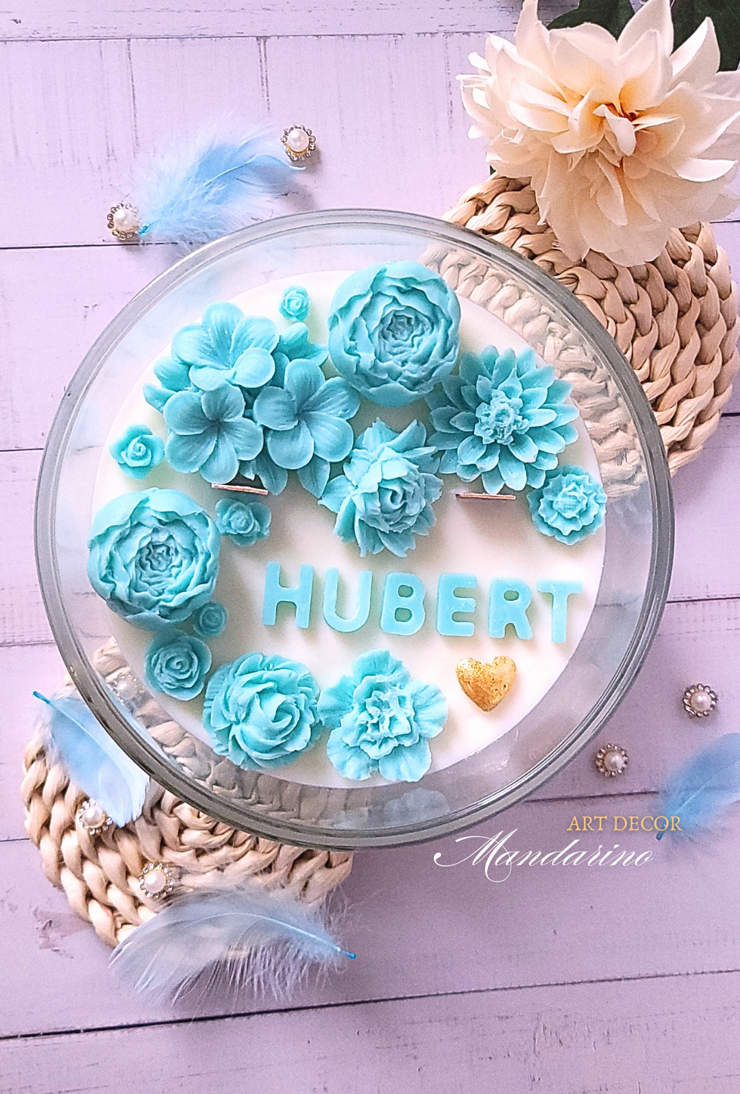 DUŻA ŚWIECA KWIATOWA Z TWOIM IMIENIEM (wersja niebieska)