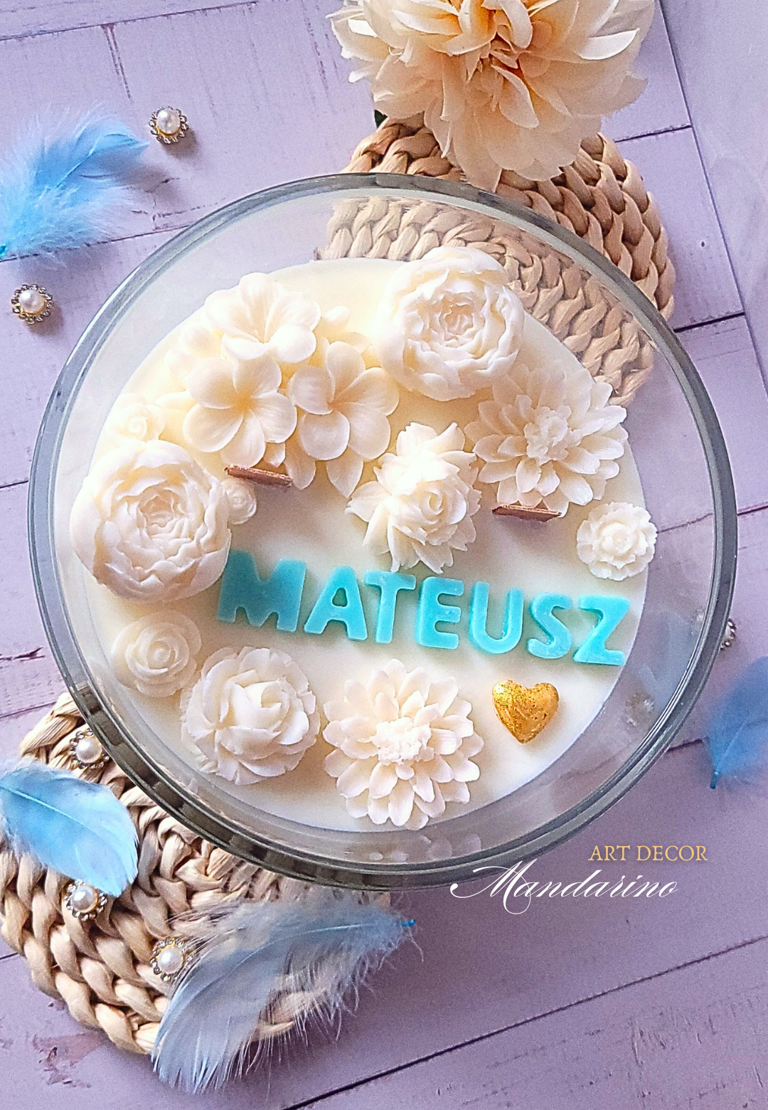 DUŻA ŚWIECA KWIATOWA Z TWOIM IMIENIEM (wersja biała)