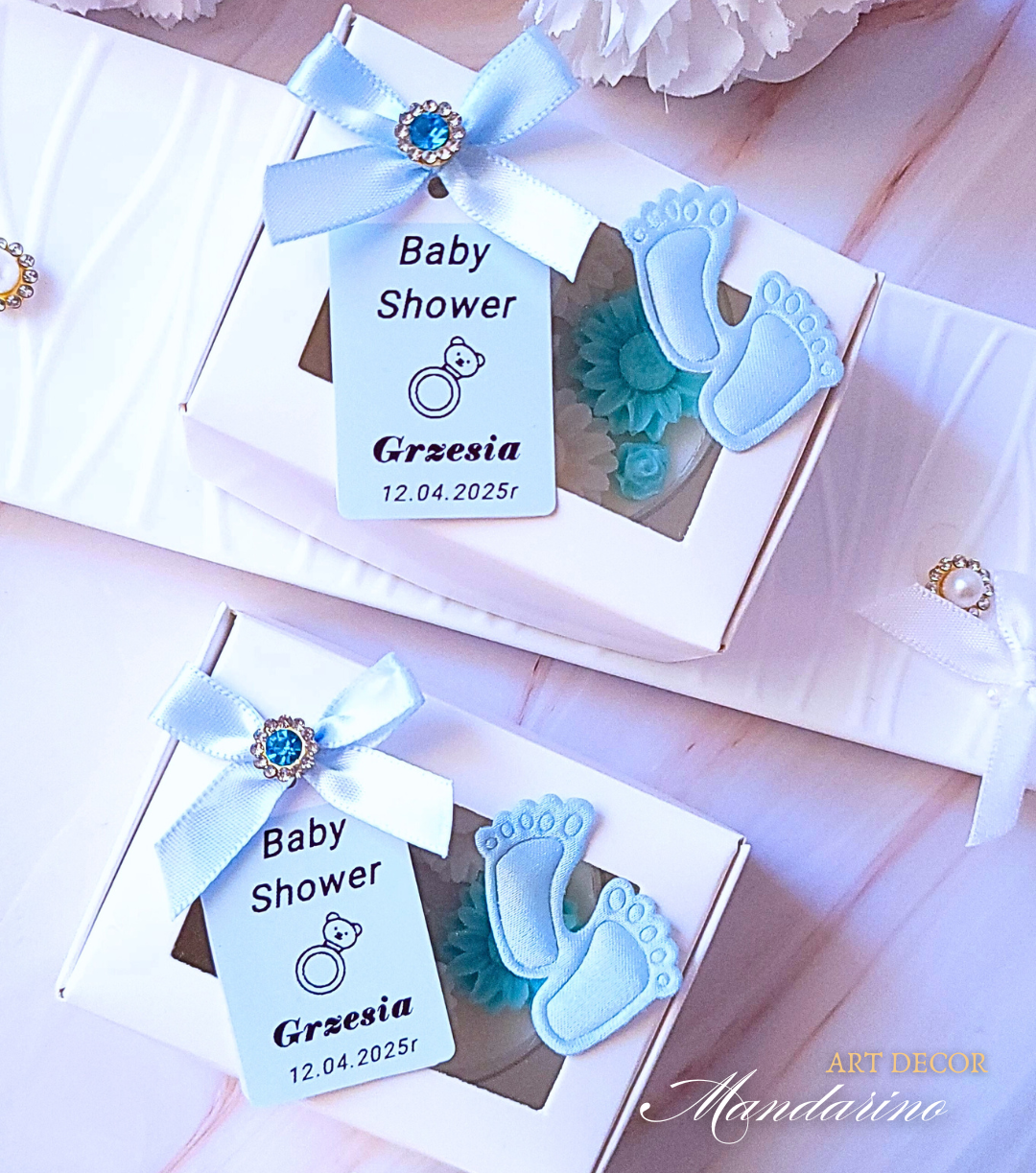 Świece "Stópki z Różami" (wersja niebieska) podziękowania Baby Shower - obrazek 4
