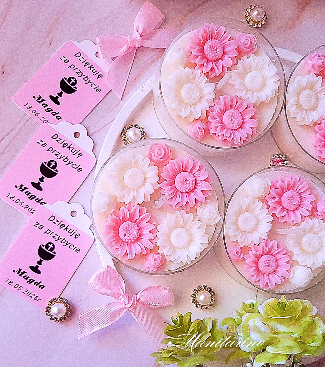 Świece "Stokrotki" (wersja różowa) podziękowania Komunia