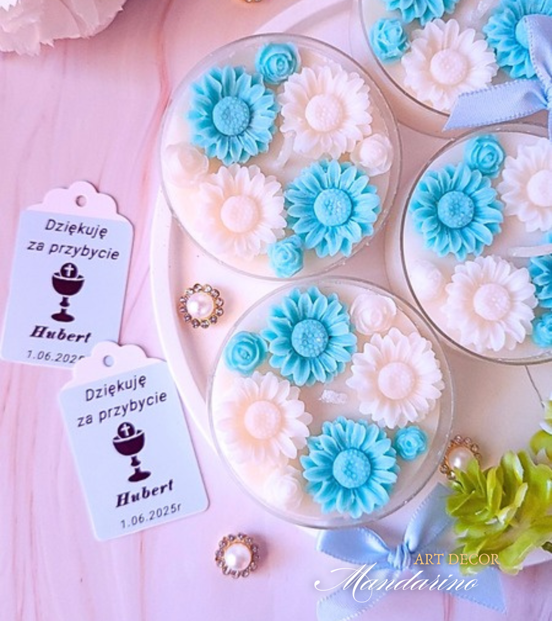 Świece "Stokrotki" (wersja niebieska) podziękowania Komunia
