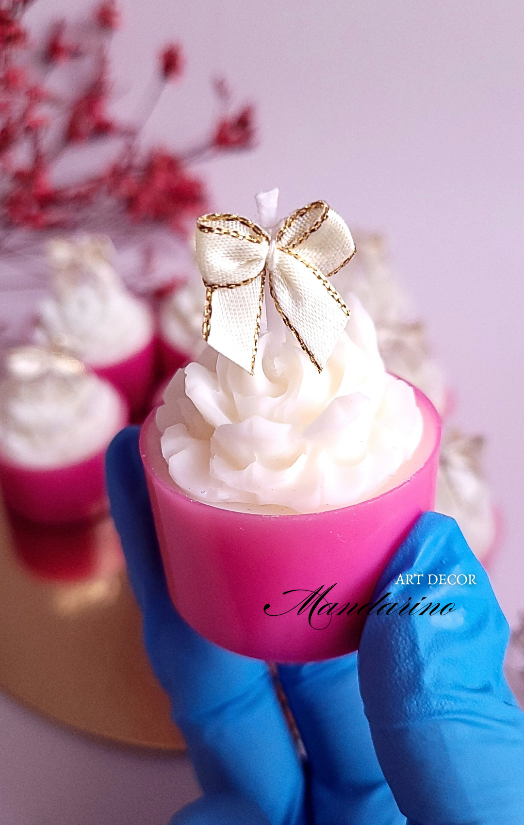 Świece "Róże z Kokardą" (wersja biel-róż) na podziękowania Komunia - obrazek 2