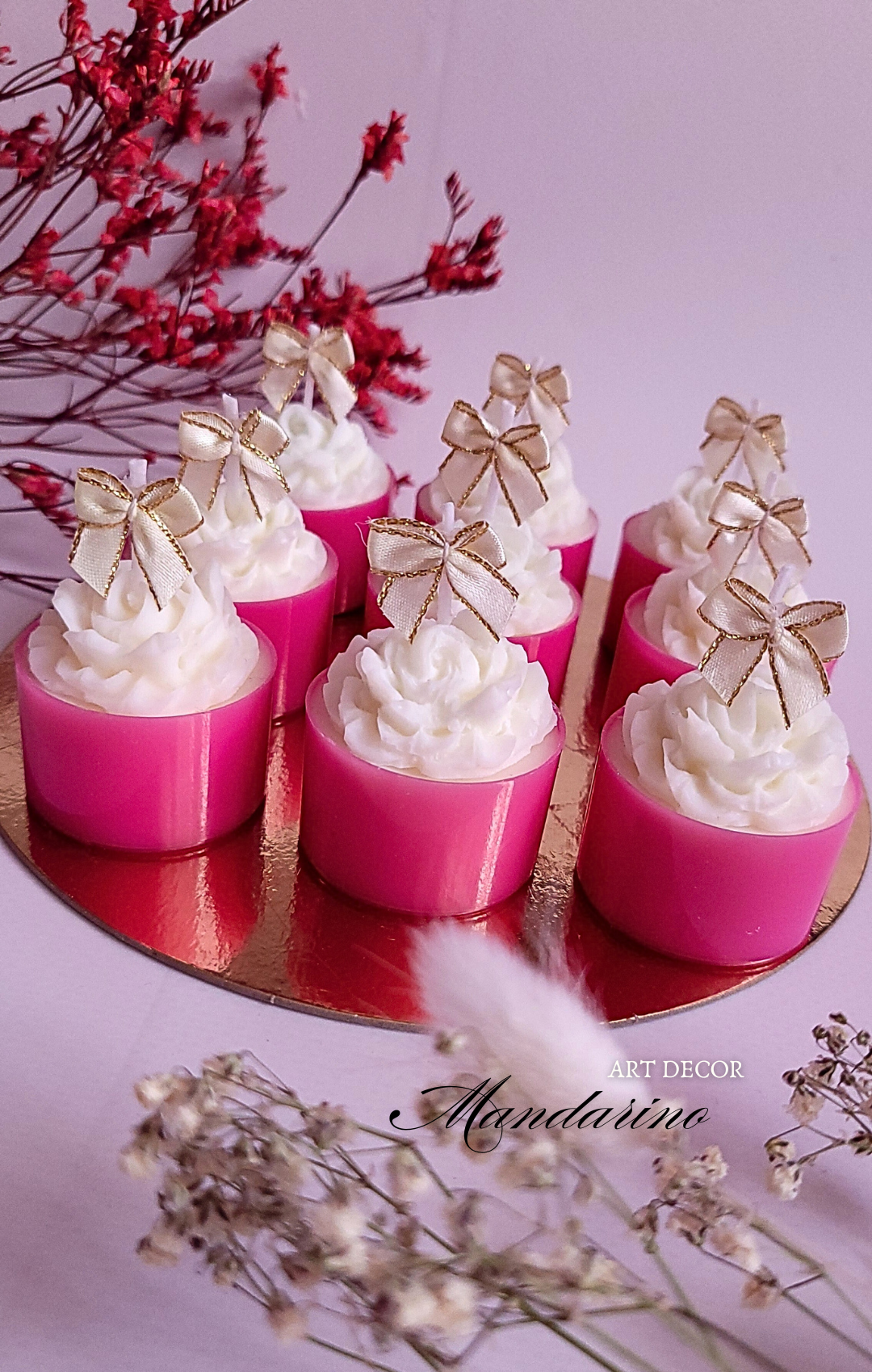 Świece "Róże z Kokardą" (wersja biel-róż) na podziękowania Komunia - obrazek 3