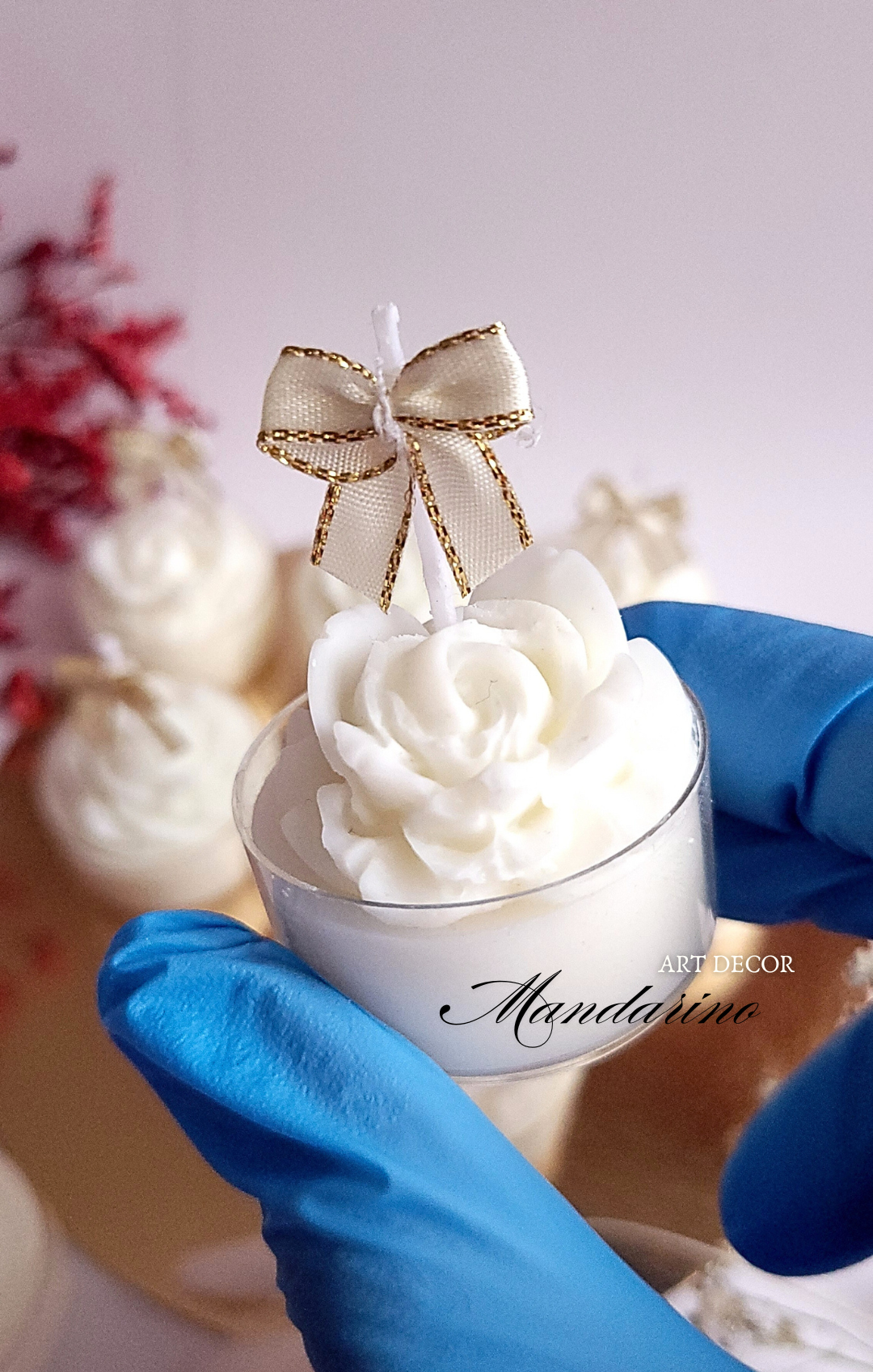 Świece "Róże z Kokardą" (wersja biel) na podziękowania Komunia - obrazek 3