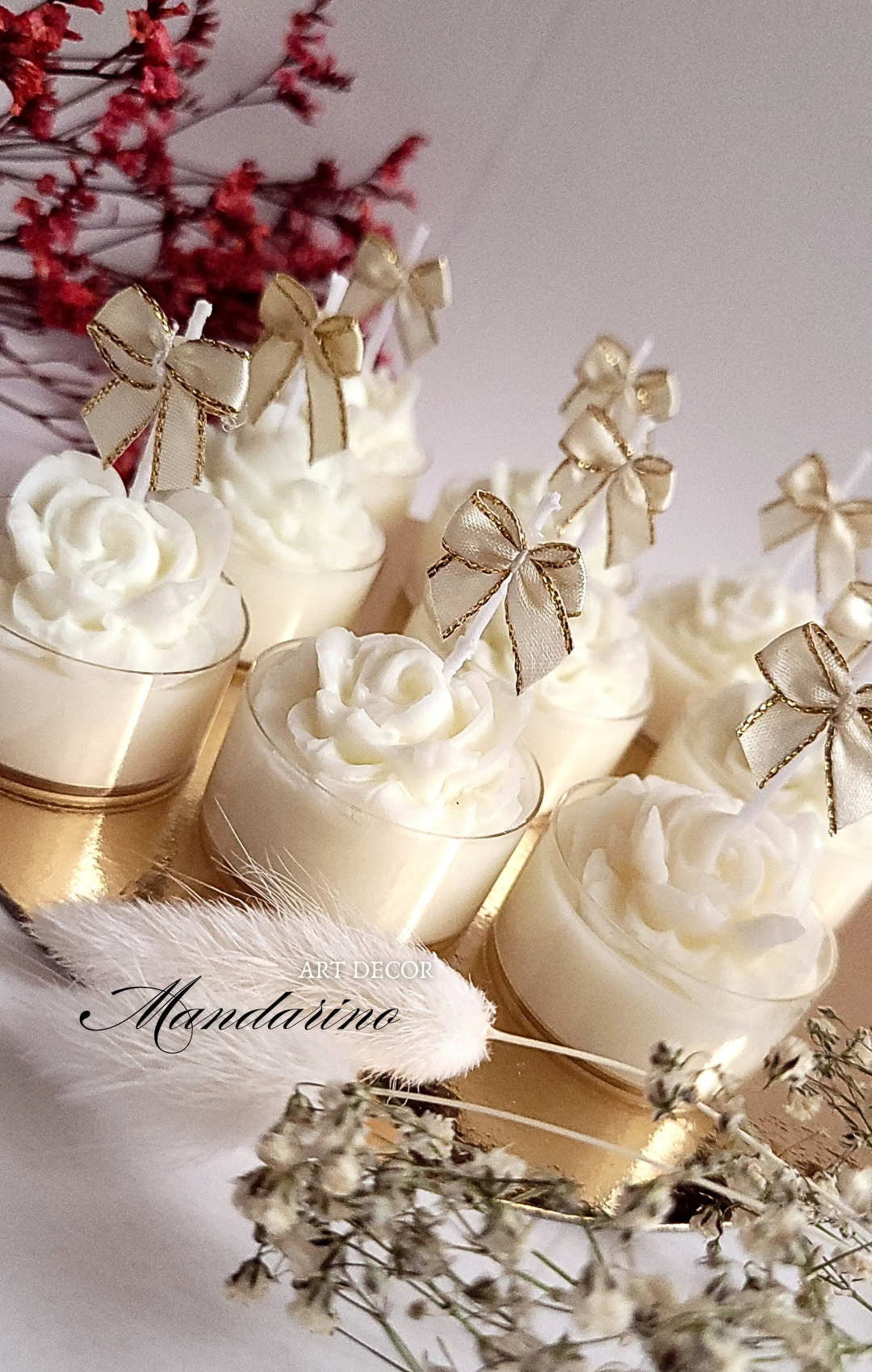 Świece "Róże z Kokardą" (wersja biel) na podziękowania Komunia