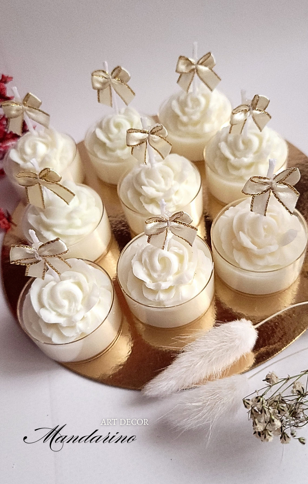 Świece "Róże z Kokardą" (wersja biel) na podziękowania Komunia - obrazek 4