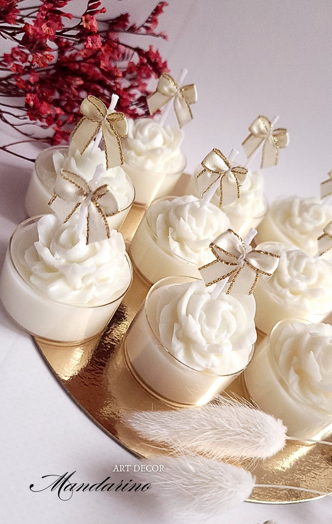 Świece "Róże z Kokardą" (wersja biel) na podziękowania Komunia - obrazek 2