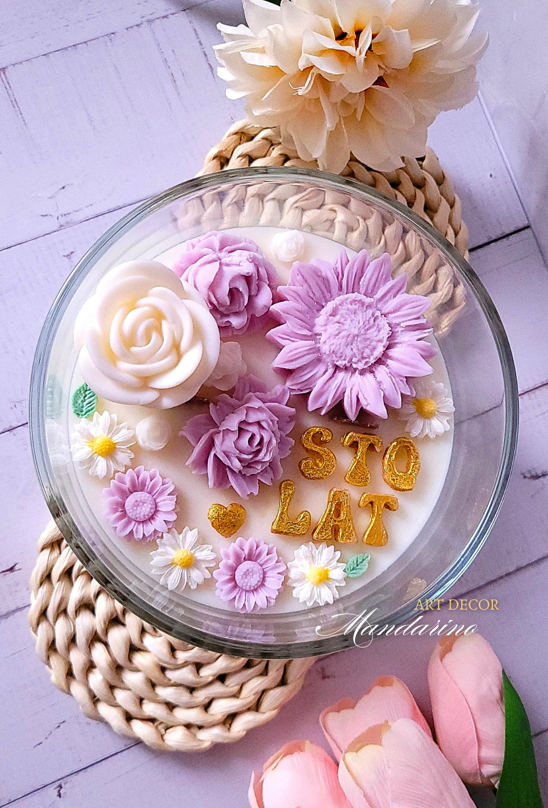 DUŻA ŚWIECA URODZINOWA WRZOSOWA KWIATY