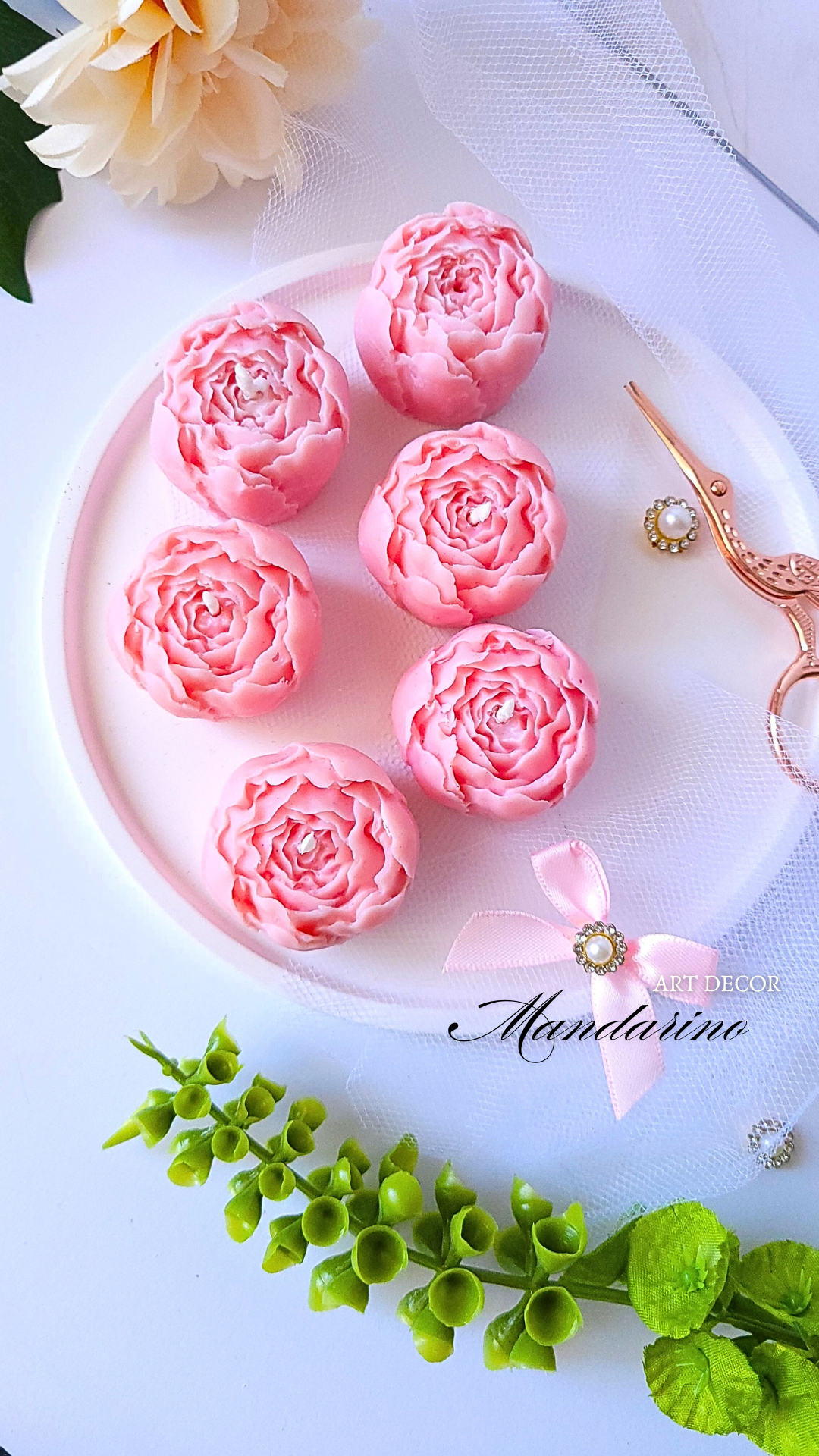 Świece Piwonie 3D w tiulu (różowe) na podziękowania Roczek - obrazek 4