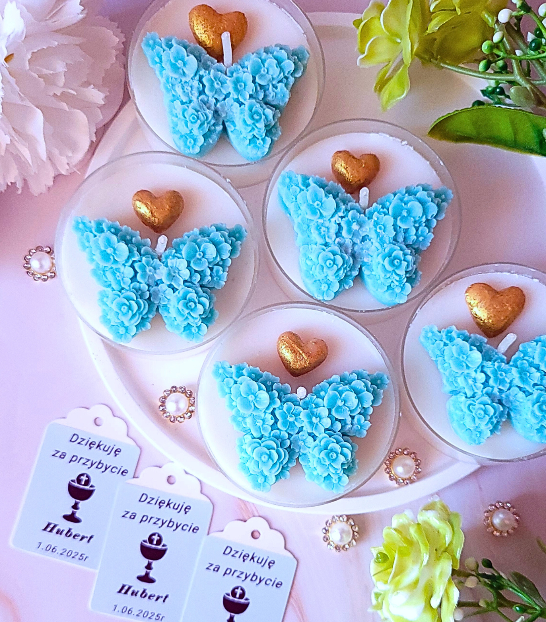 Świece "Motyl" (wersja niebieska) na podziękowania Komunia Św