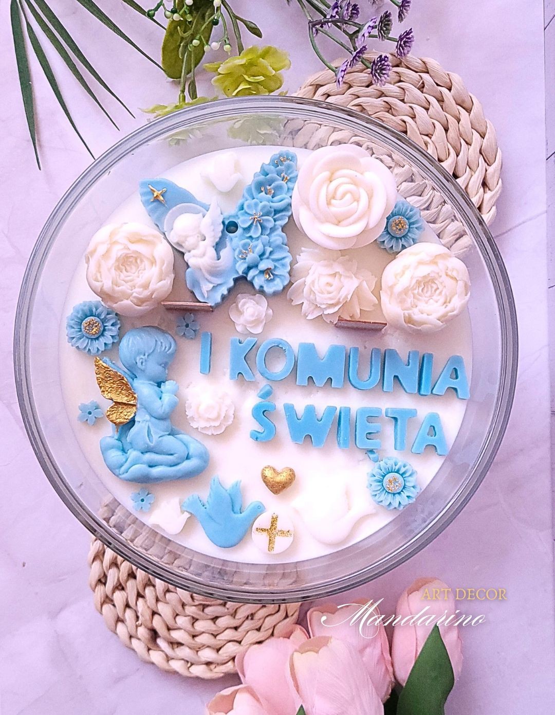 DUŻA ŚWIECA NA PIERWSZĄ KOMUNIĘ ŚWIĘTĄ (wersja niebieska)