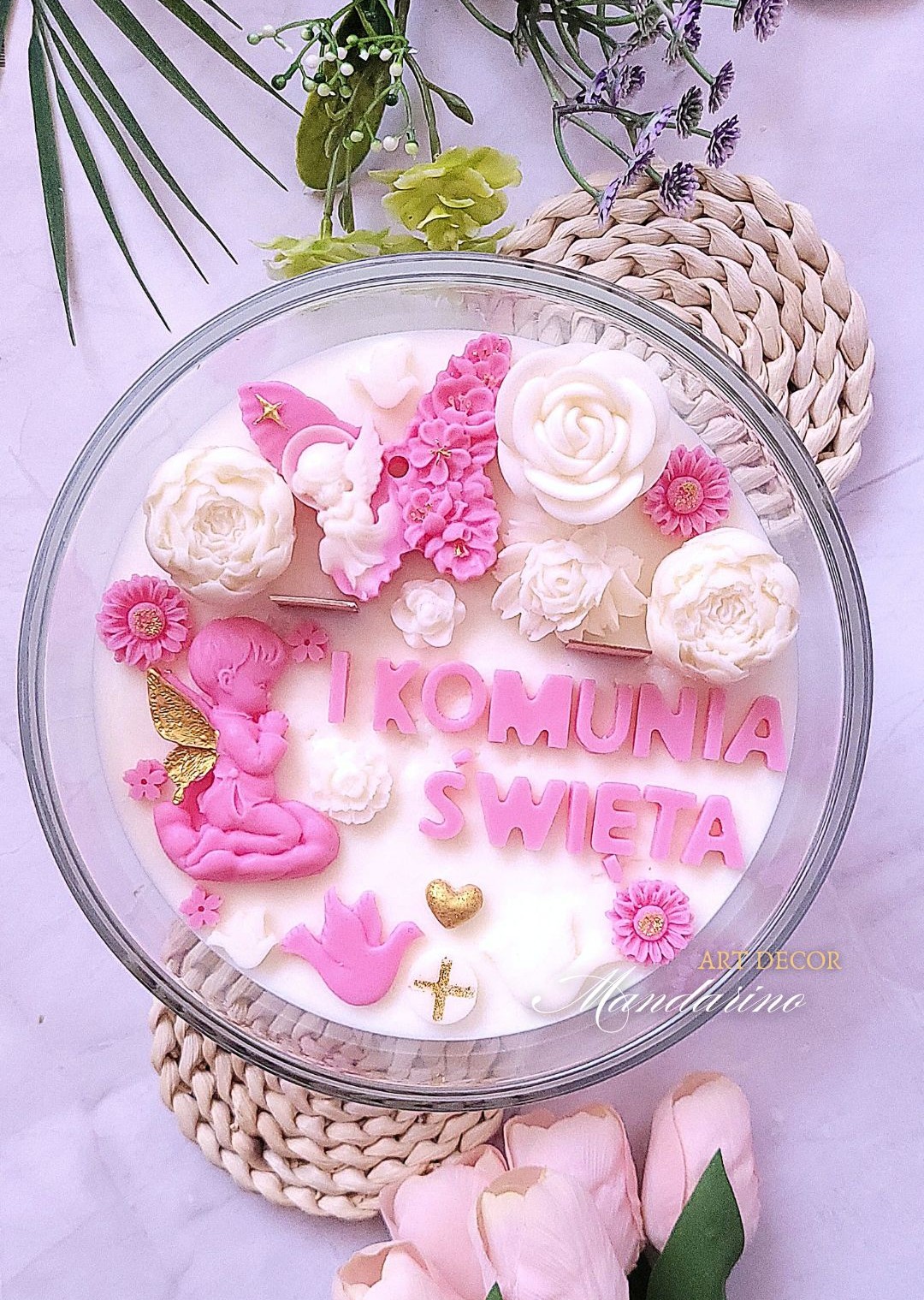 DUŻA ŚWIECA NA PIERWSZĄ KOMUNIĘ ŚWIĘTĄ (wersja różowa)