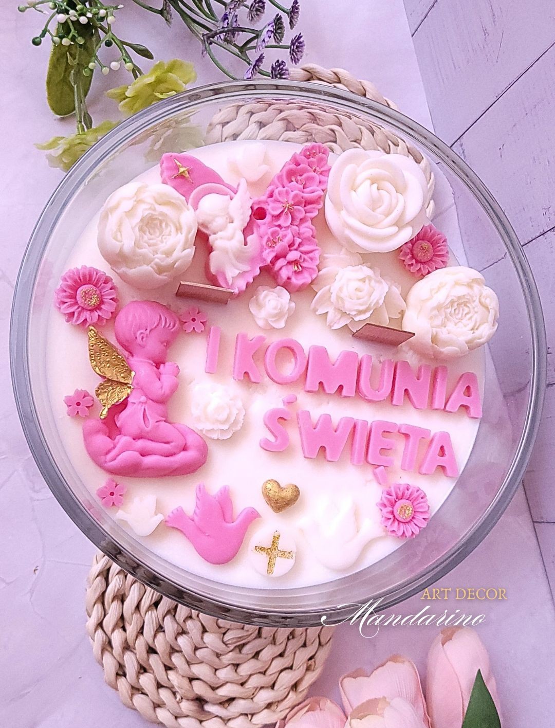 DUŻA ŚWIECA NA PIERWSZĄ KOMUNIĘ ŚWIĘTĄ (wersja różowa) - obrazek 2