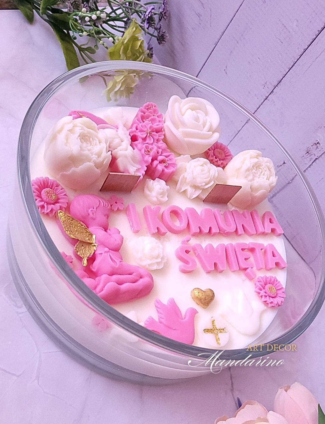 DUŻA ŚWIECA NA PIERWSZĄ KOMUNIĘ ŚWIĘTĄ (wersja różowa) - obrazek 3