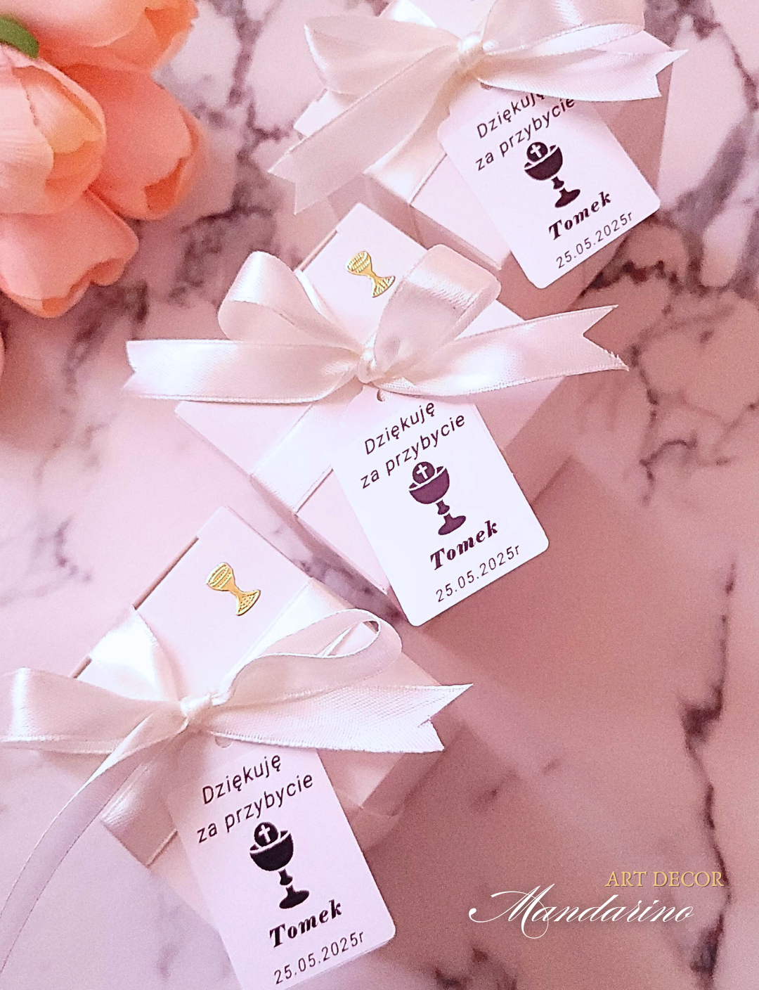 Świece "Róże z Kokardą" (wersja biel) na podziękowania Komunia - obrazek 5