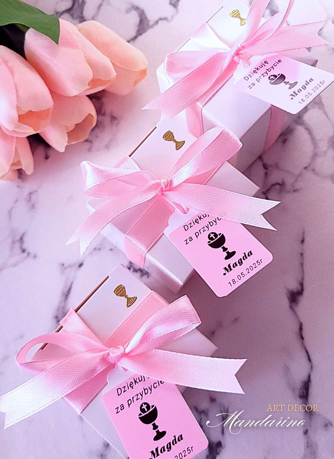 Świece "Róże z Kokardą" (wersja biel-róż) na podziękowania Komunia - obrazek 5