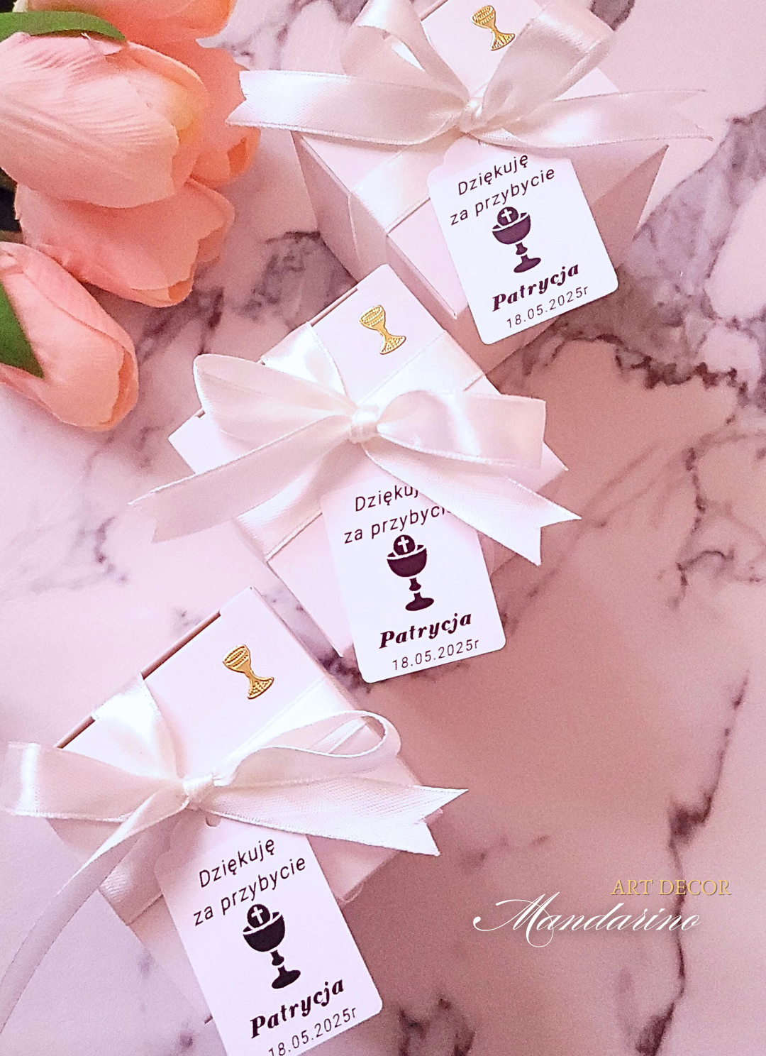 Świece "Róże z Kokardą" (wersja biel) na podziękowania Komunia - obrazek 6