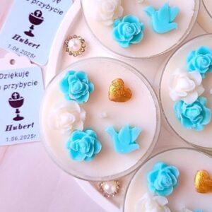 Świece "Róże z sercem" (wersja niebieska) podziękowania Komunia