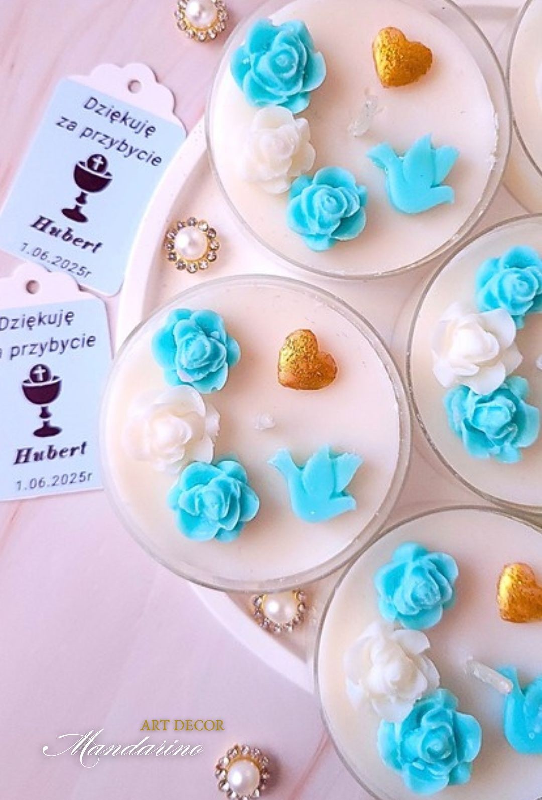 Świece "Róże z sercem" (wersja niebieska) podziękowania Komunia