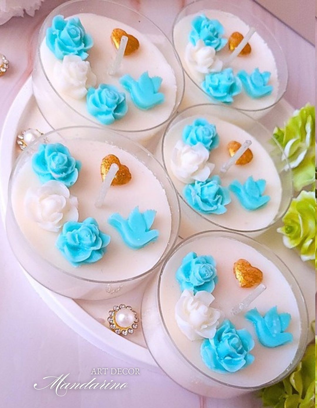 Świece "Róże z sercem" (wersja niebieska) podziękowania Komunia - obrazek 2