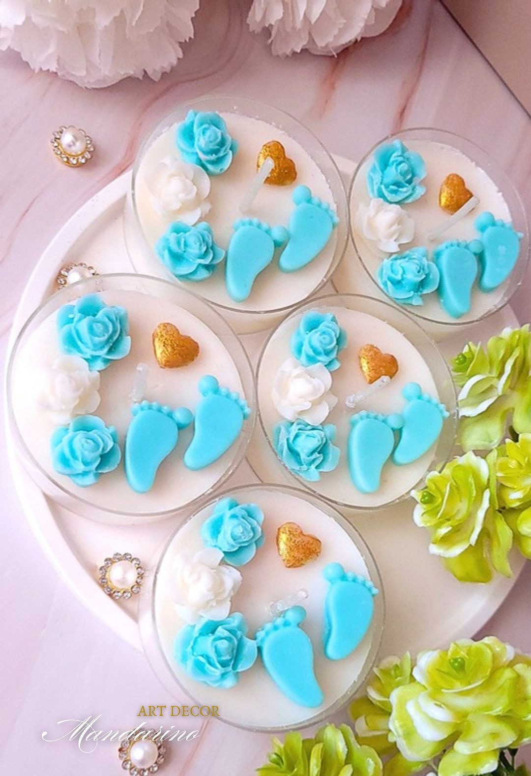 Świece "Stópki z Różami" (wersja niebieska) podziękowania Baby Shower - obrazek 2