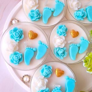 Świece "Stópki z Różami" (wersja niebieska) podziękowania Baby Shower