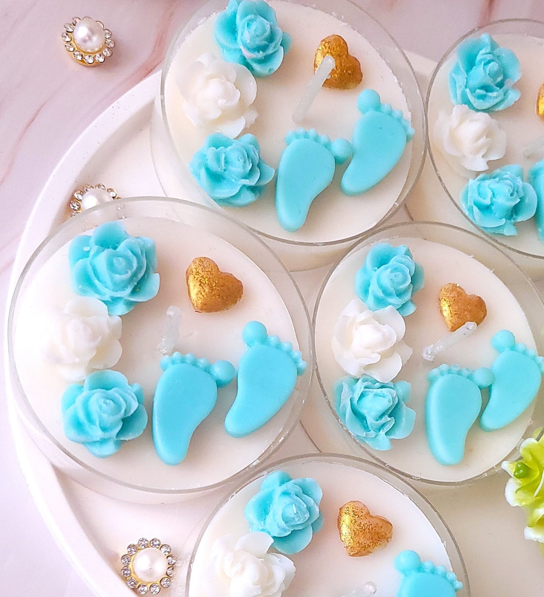 Świece "Stópki z Różami" (wersja niebieska) podziękowania Baby Shower - obrazek 3