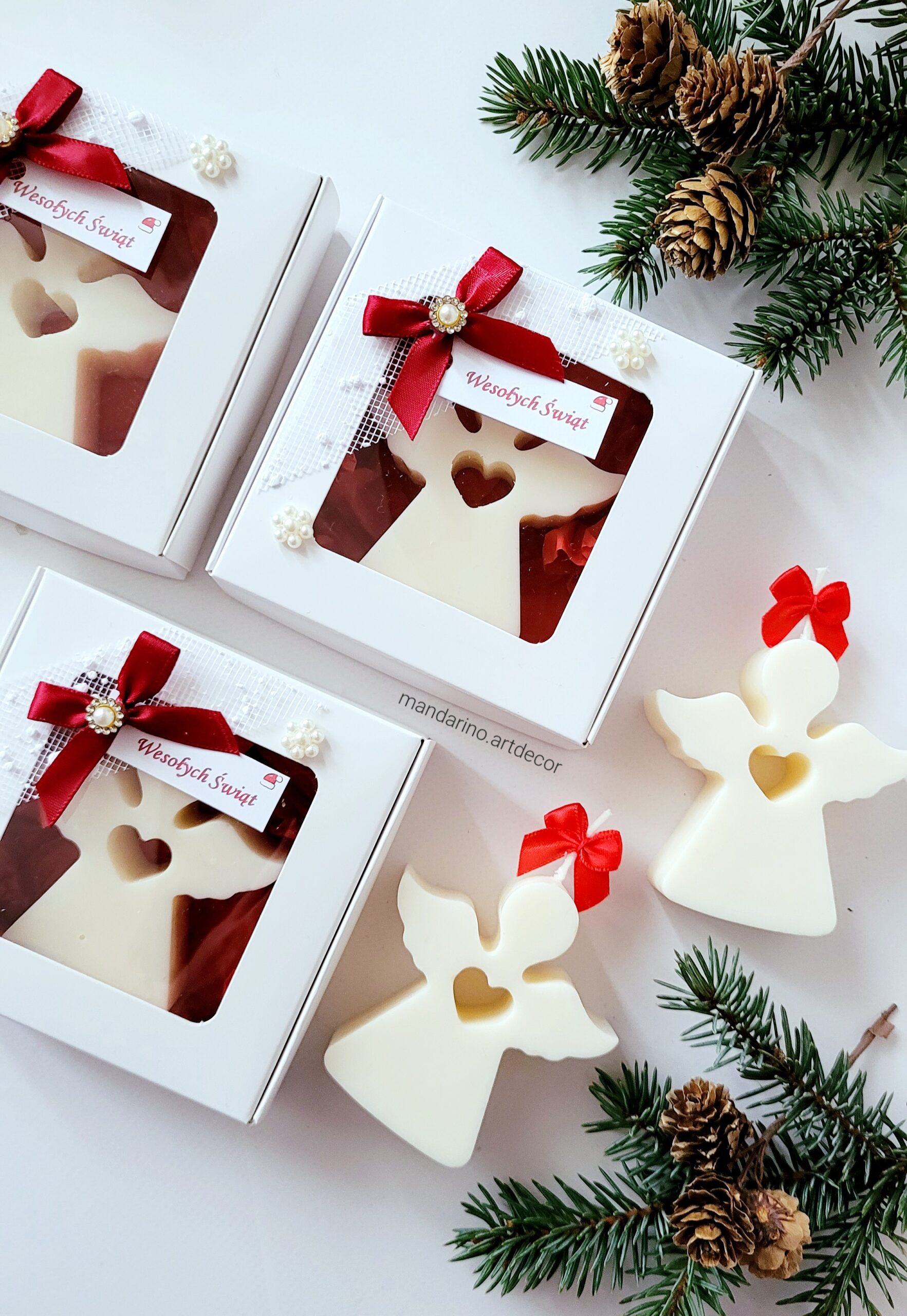 Świece "Aniołki z kokardą" w tiulu upominki świąteczne - obrazek 4