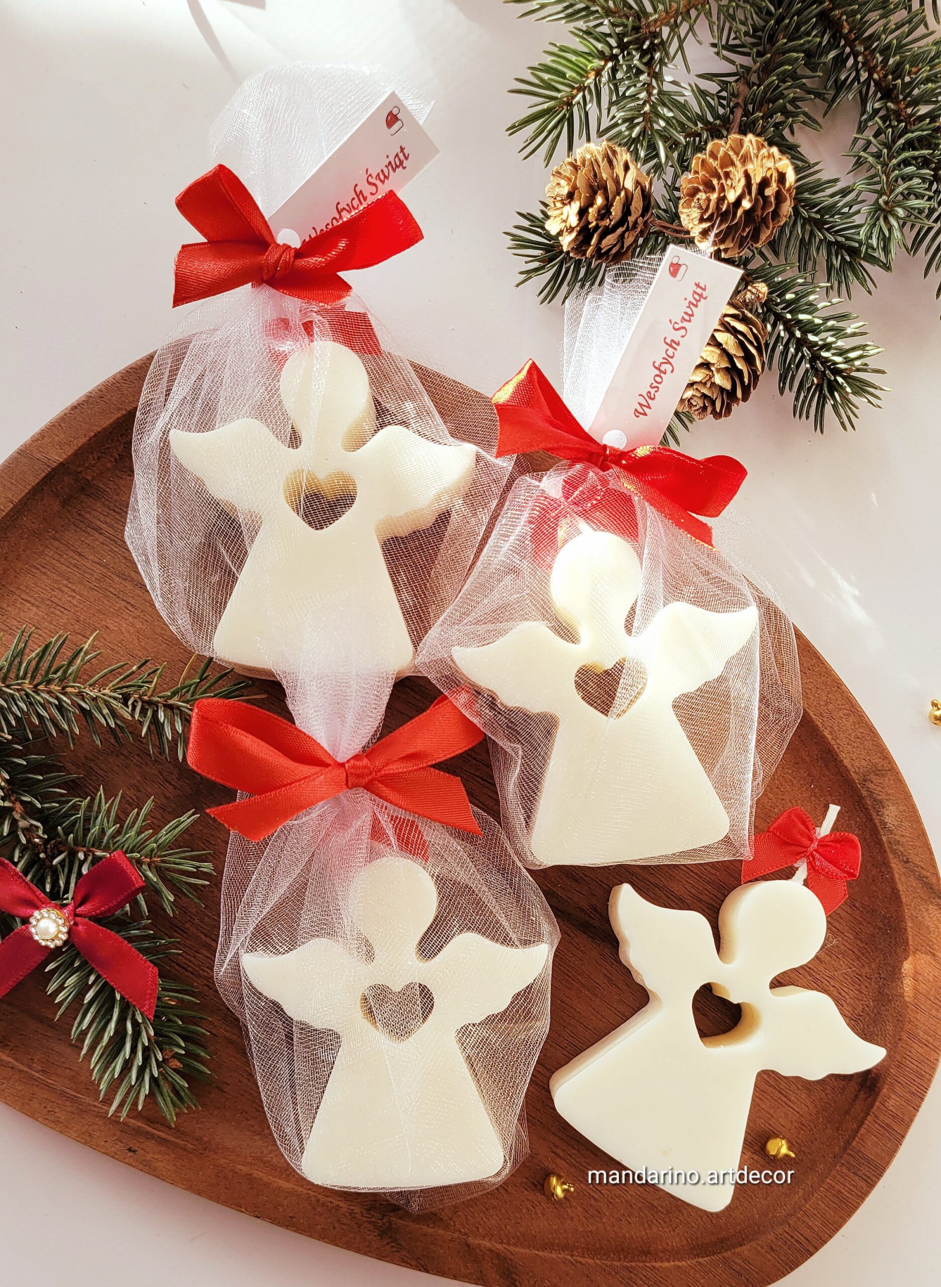 Świece "Aniołki z kokardą" w tiulu upominki świąteczne